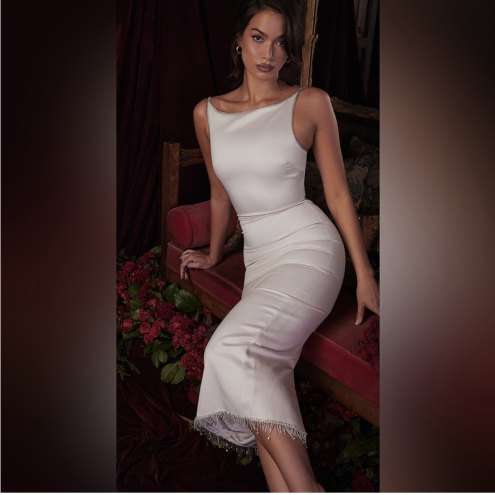 House of CB Cream Satin Midi Dress with Beaded Hem